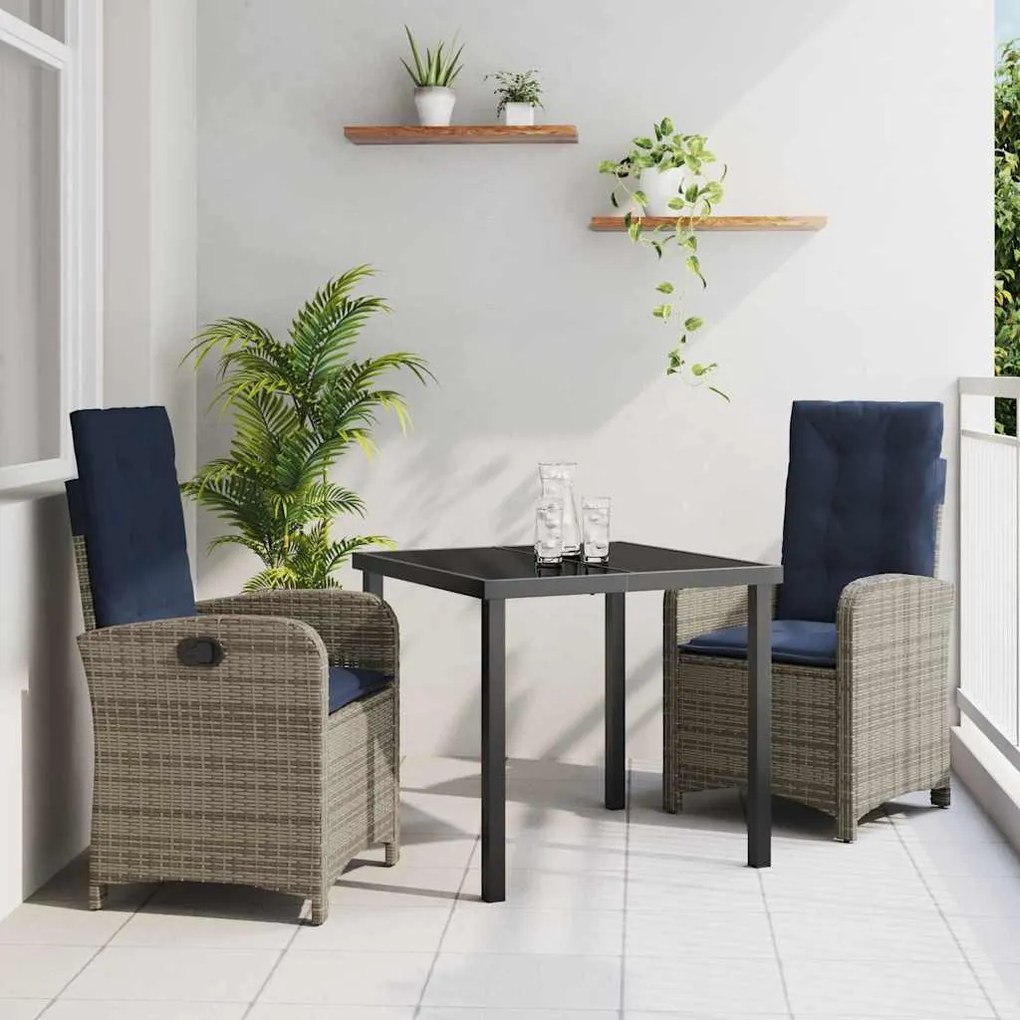 vidaXL Conjunto de Jantar de Jardim com 3 Peças e Almofadas - Rattan Sintético Cinza