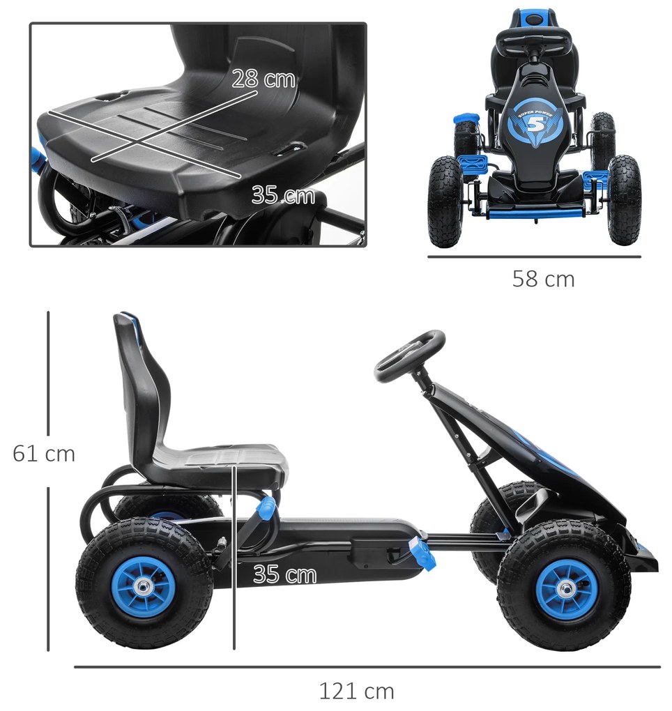 HOMCOM Kart a Pedais para Crianças 5-12 Anos Kart a Pedais Infantil com Assento Ajustável Pneus Insufláveis Amortecimento e Travão de Mão Carga Máx. 50kg 121x58x61cm Azul