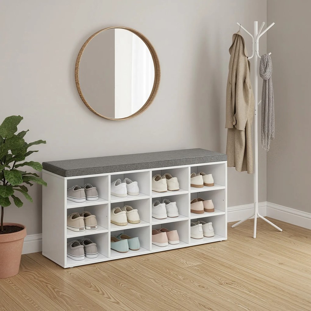 Banco sapateira com espaço de arrumação 12 compartimentos 30,3 x 104 x 48 cm branco clássico