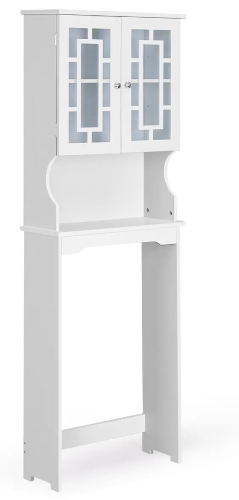 Armario casa de banho sob sanita com prateleira ajustável e porta de vidro duplo 60 x 21,5 x 170,5 cm Branco