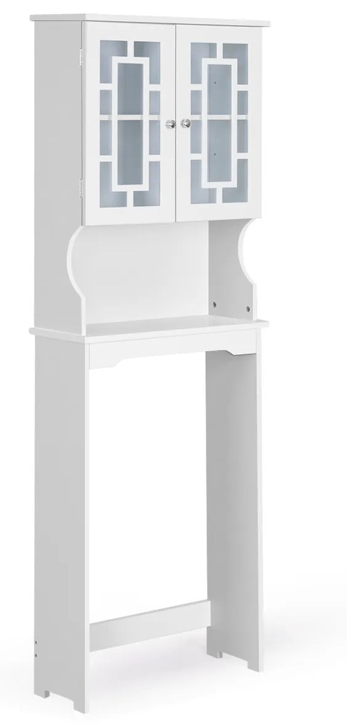 Armário de armazenamento sobre a sanita com prateleira ajustável e porta de vidro duplo 60 x 21,5 x 170,5 cm branco
