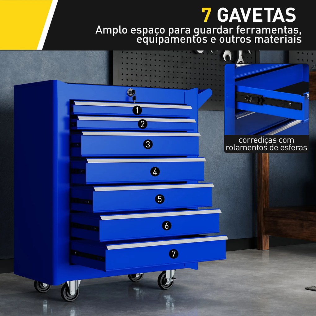 Carrinho de Ferramentas com 7 Gavetas Carrinho de Oficina com Fechadura Pega 2 Rodas com Travão 69x33x75 cm Azul