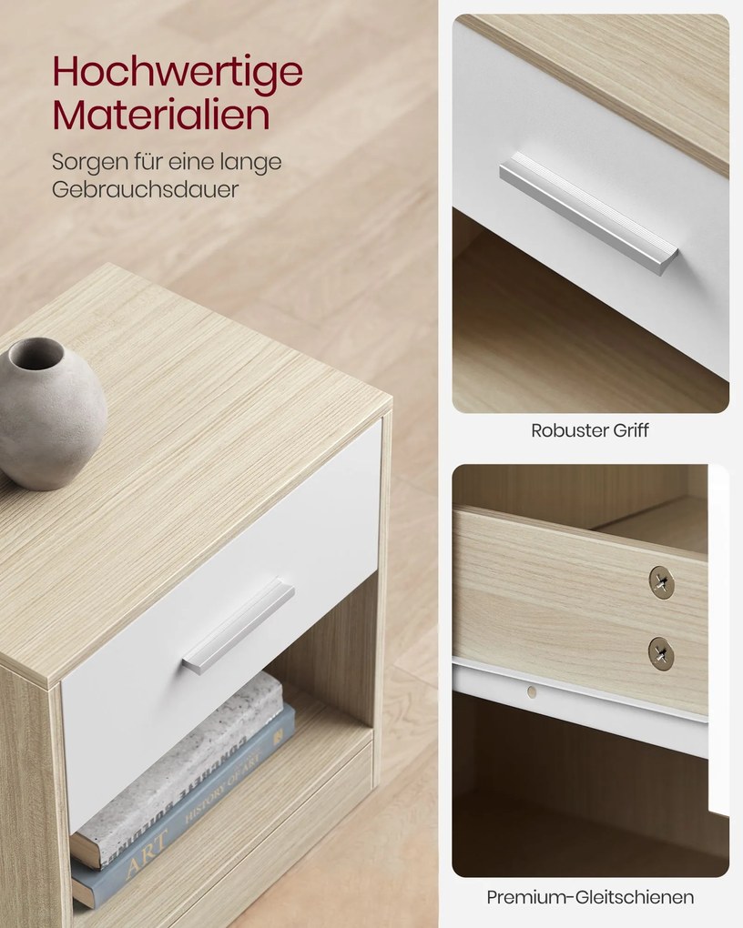 Mesa de cabeçeira com gaveta e compartimento aberto 28 x 39 x 41 cm Bege natural - branco clássico