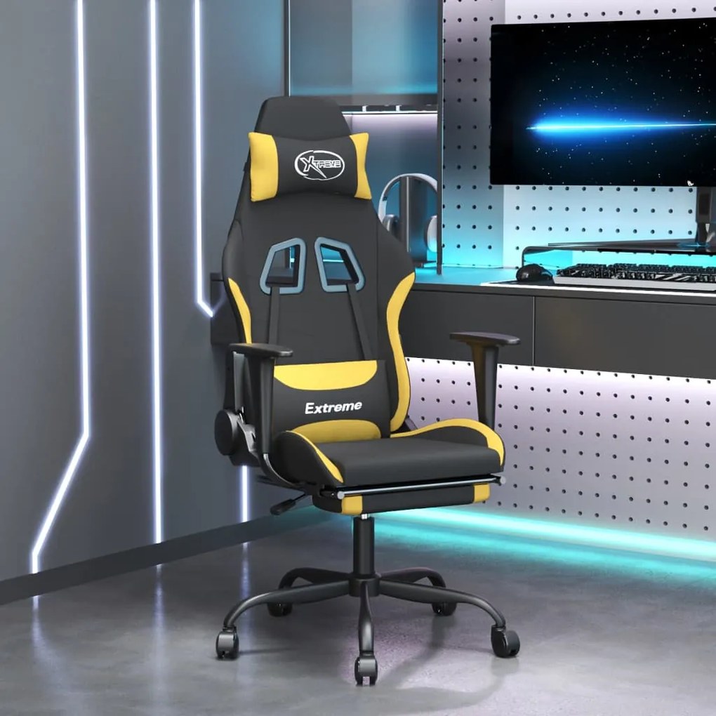 Cadeira de gaming com apoio de pés tecido preto e amarelo