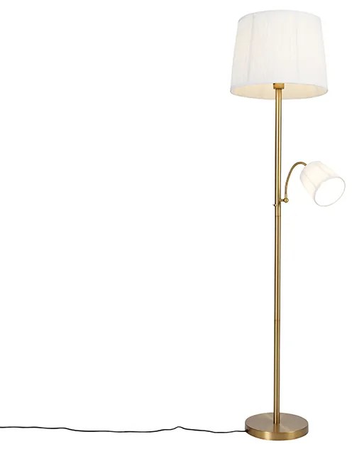 Candeeiro de pé clássico bronze com abajur de tecido branco e luz de leitura - Retro Clássico / Antigo