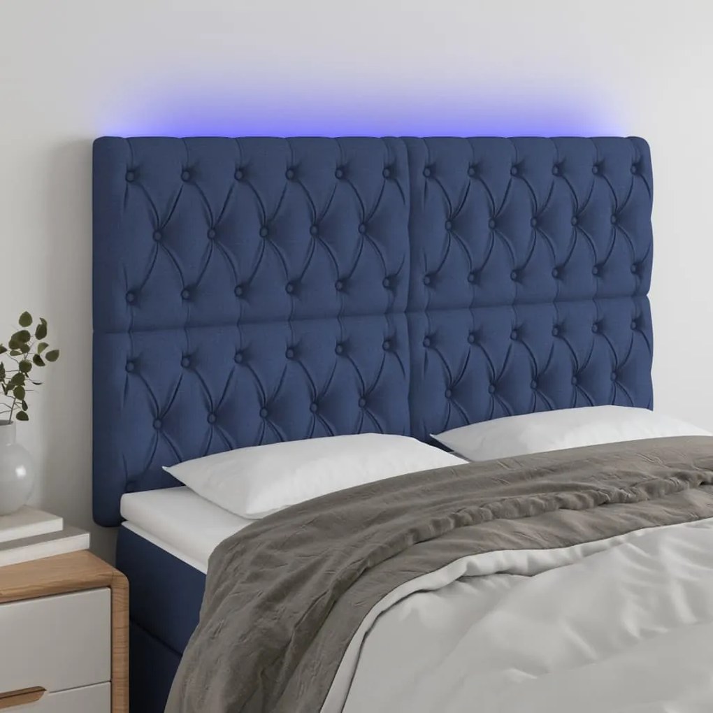 vidaXL Cabeceira de cama c/ luzes LED tecido 160x7x118/128 cm azul