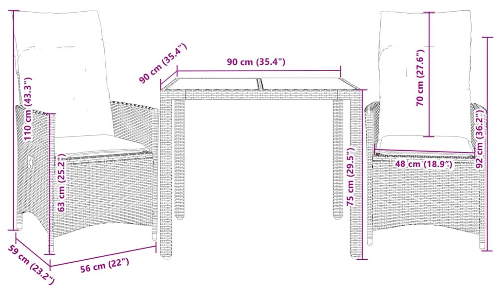3 pcs conjunto bistrô com almofadões vime PE castanho