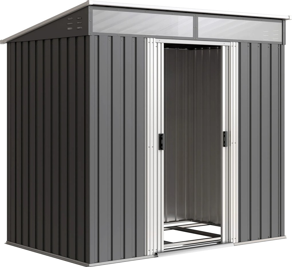 Outsunny Abrigo de Jardim 2 m² 195x122x181,5 cm Abrigo de Armazenamento Metálico com Porta de Correr e 2 Janelas Cinza Escuro | Aosom Portugal