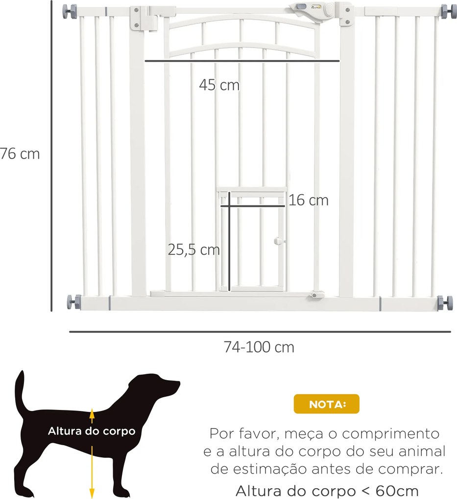 Barreira de Segurança para Cães 74-100 cm com Extensão Montagem a Pressão e Duplo Bloqueio para Porta Escada Branco