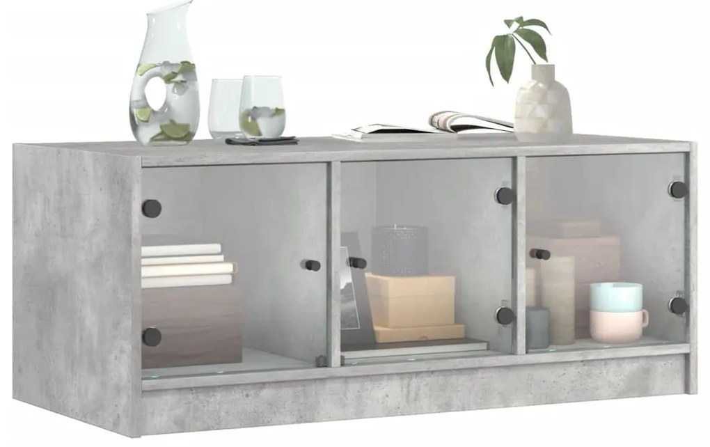 Mesa de centro c/ portas de vidro 102x50x42 cm cinza cimento