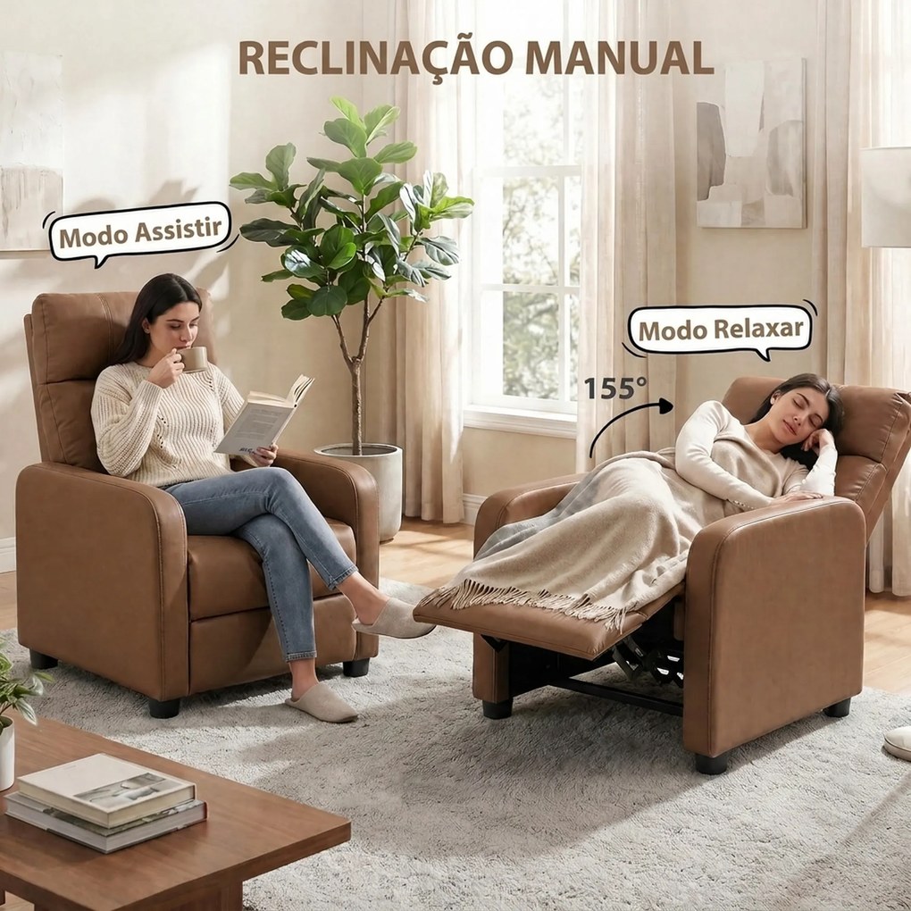 Poltrona Relax Reclinável Manual em Pele Sintética com Apoio para os Pés Castanho-Escuro