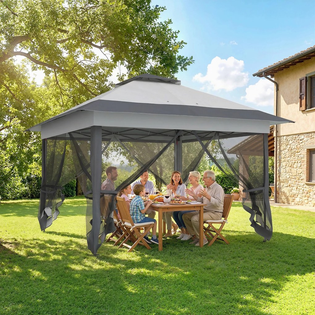 Tenda de Jardim Pop-up, 364 x 364 x 298 cm, Com Redes Mosquiteiras, Cinzento