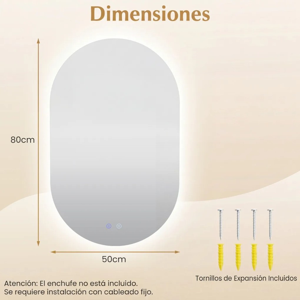 Espelho 80x50 cm ovalado iluminado de parede para casa de banho com retroiluminação LED 3 modos de cor ajustável antiembaciamento vidro temperado HD s