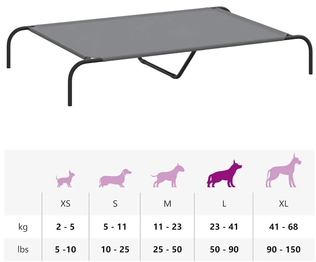 Cama para cães elevada 130x80x20cm tecido oxford e aço cinzento