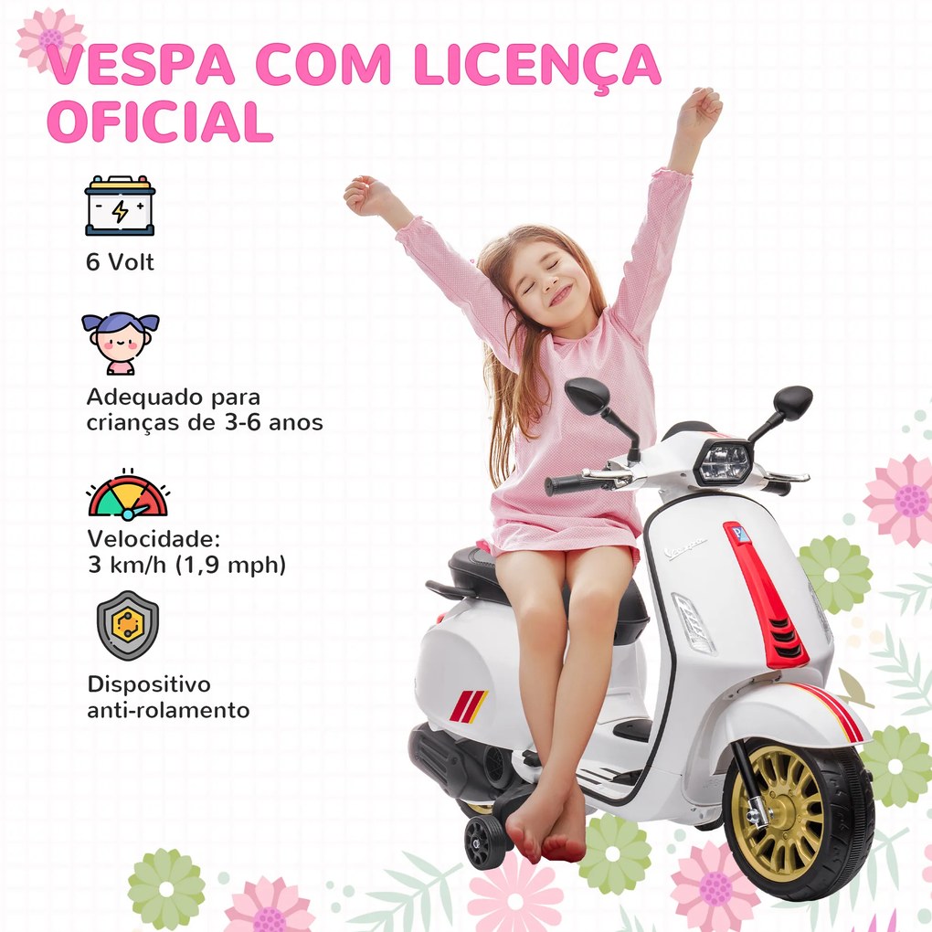 Mota Elétrica para Crianças de 3-6 Anos com Licença Vespa com USB MP3 Luz LED Rádio FM Velocidade 3 km/h Carga 35 kg Branco