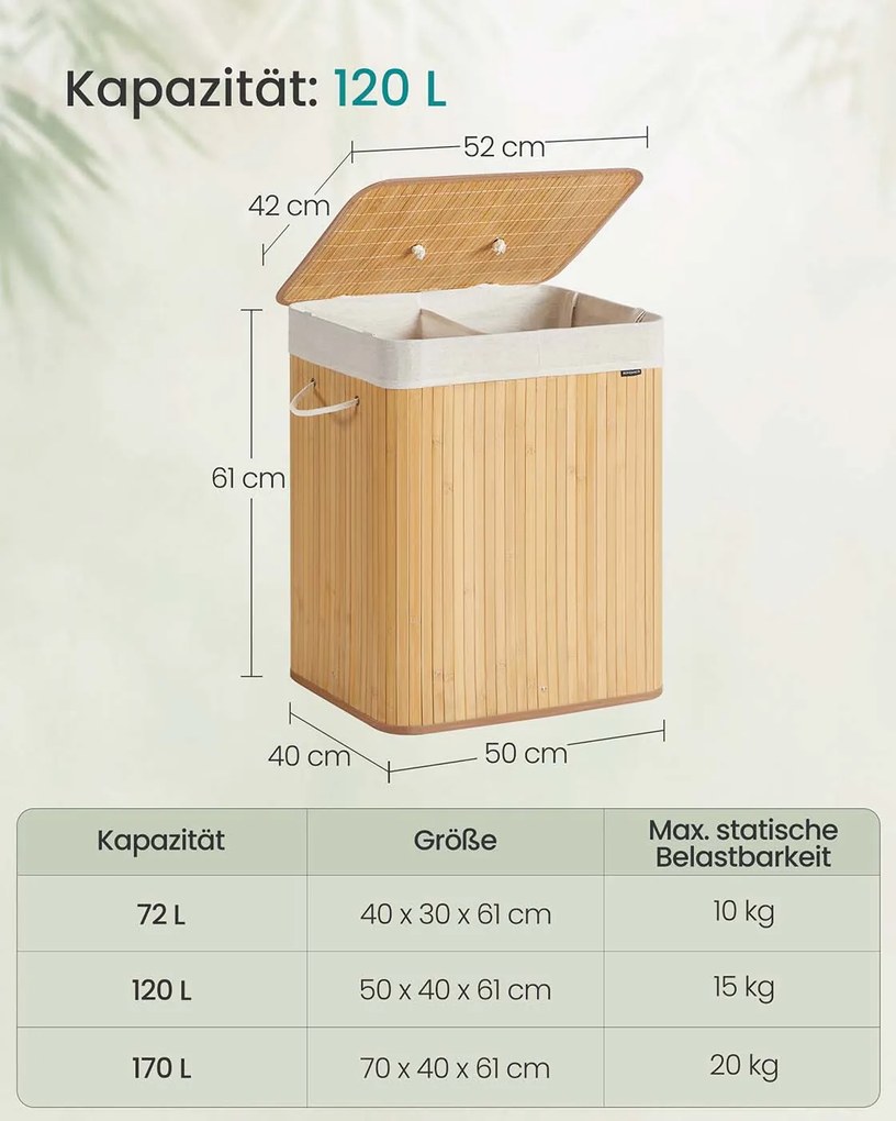 Cesto para roupa suja em bambu com 2 compartimentos 50 x 40 x 61 cm cor natural