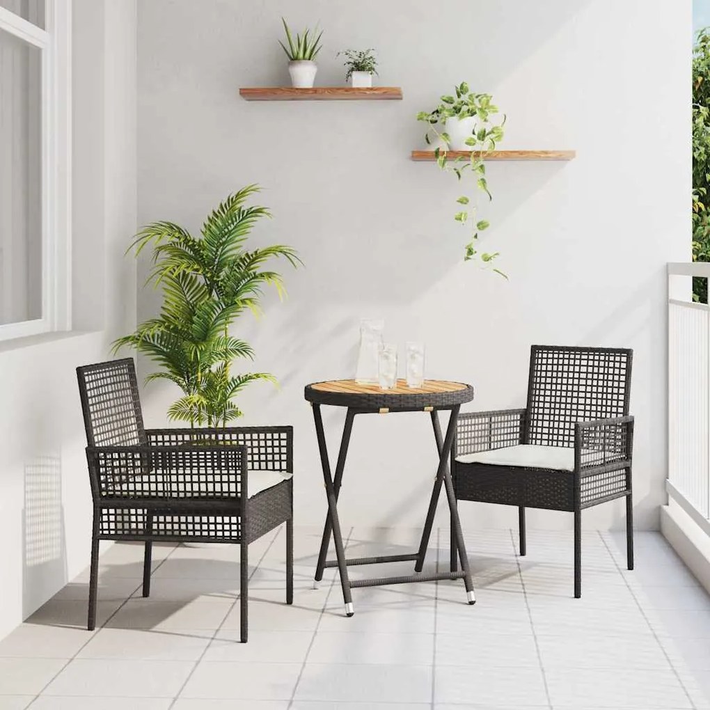 vidaXL Conjunto de Bistro de Jardim 3 Peças com Almofadas de Rattan Pretas