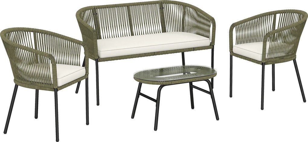 Outsunny Conjunto de Jardim Exterior 4 Lugares Sofá 2 Lugares 2 Poltronas e Mesa de Centro Vidro Temperado PP Redondo Trançado Creme | Aosom Portugal