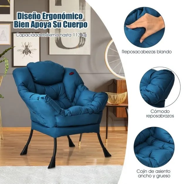 Poltrona moderna em tecido de poliéster com estrutura em metal estofada com bolso lateral 75 x 81 x 94,5 cm Azul Marinho