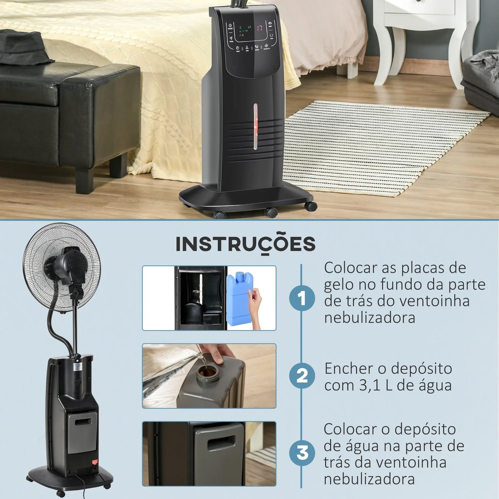 HOMCOM Ventoinha Nebulizadora 90W com Oscilação Controlo Remoto 5 Lâminas Depósito de Água 3,1L 3 Velocidades Temporizador e Rodas 44,5x44,5x135 cm Preto