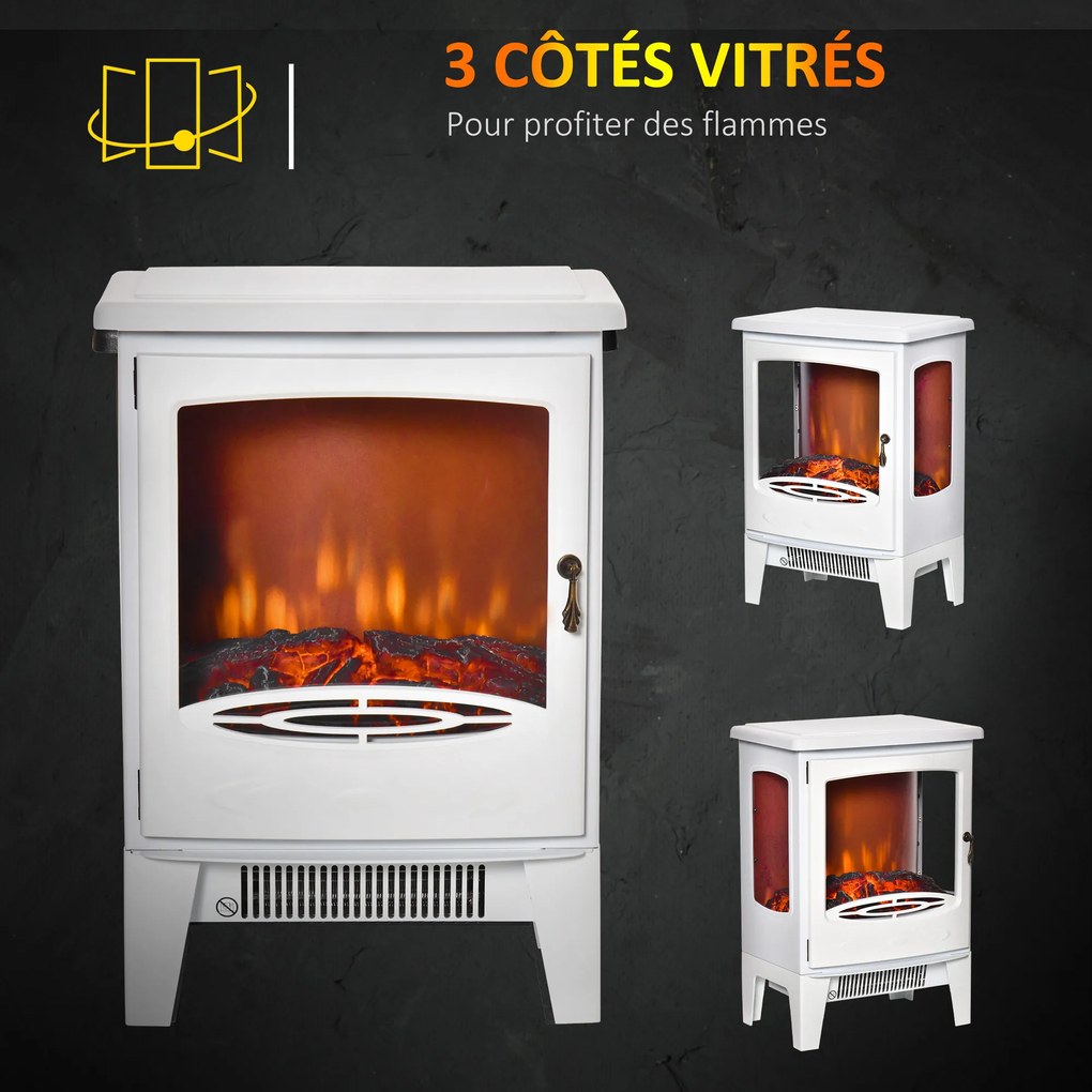 Lareira elétrica com design neo-retro, 900-1800 W, simulação de chamas com LED e luminosidade ajustável, em aço e ABS branco