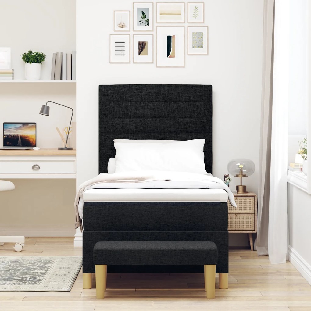 Cama Box Spring com Colchão e Banco Preto 90x200 cm Tecido