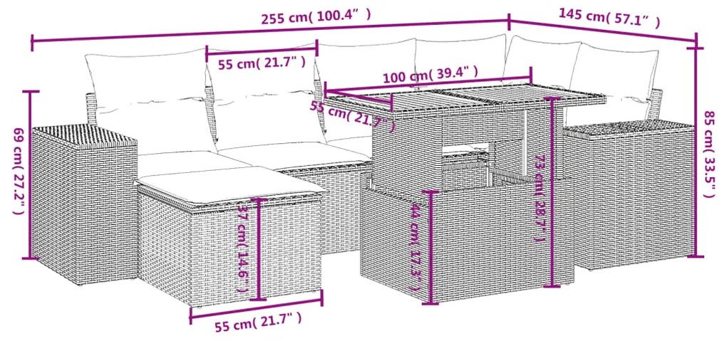 7 pcs conjunto de sofás p/ jardim com almofadões vime PE bege