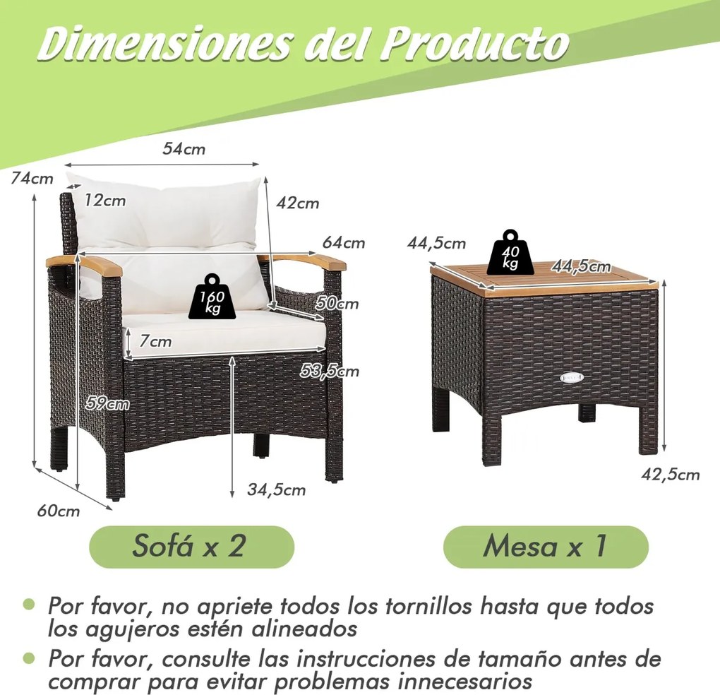Conjunto jardim de 3 peças de mobiliário de jardim com mesa de centro Almofada amovível Apoio de braços em madeira de acácia para pátio Piscina Castan