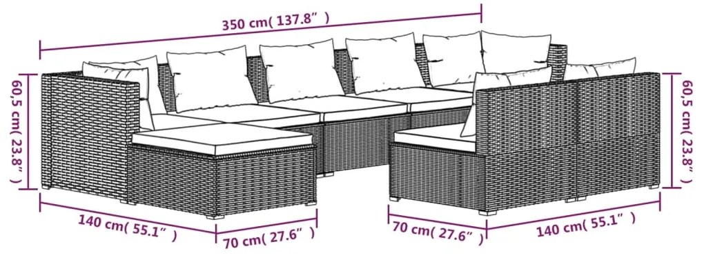 9 pcs conjunto lounge jardim c/ almofadões vime PE castanho