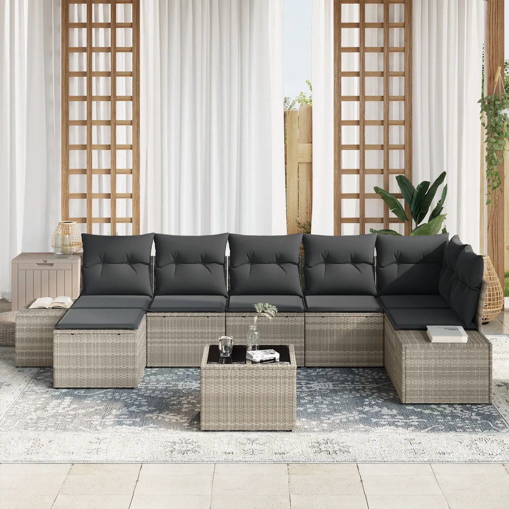 Conjunto de Sofá de Jardim com Almofadas Cinza Rattan de Polietileno