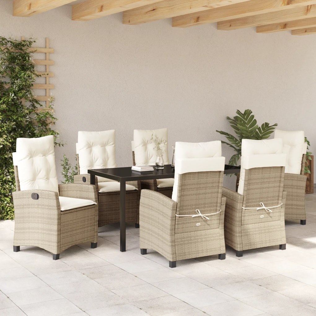 Conjunto de Jantar de Jardim de 7 Peças com Almofadas Bege Vime Poliés