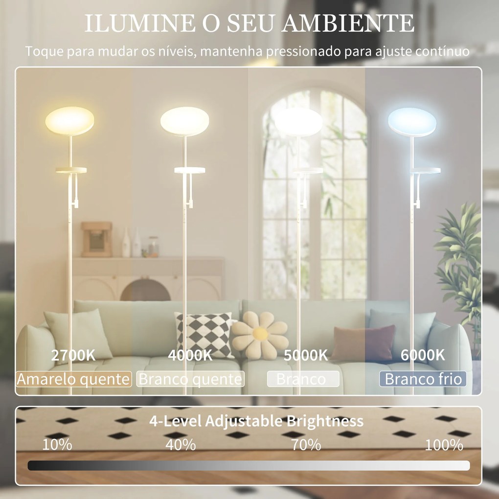 Candeeiro de Pé 42W Giratório com Controlo Remoto e Táctil Temperatura de Cor e Brilho Ajustáveis Ø25x175 cm Branco