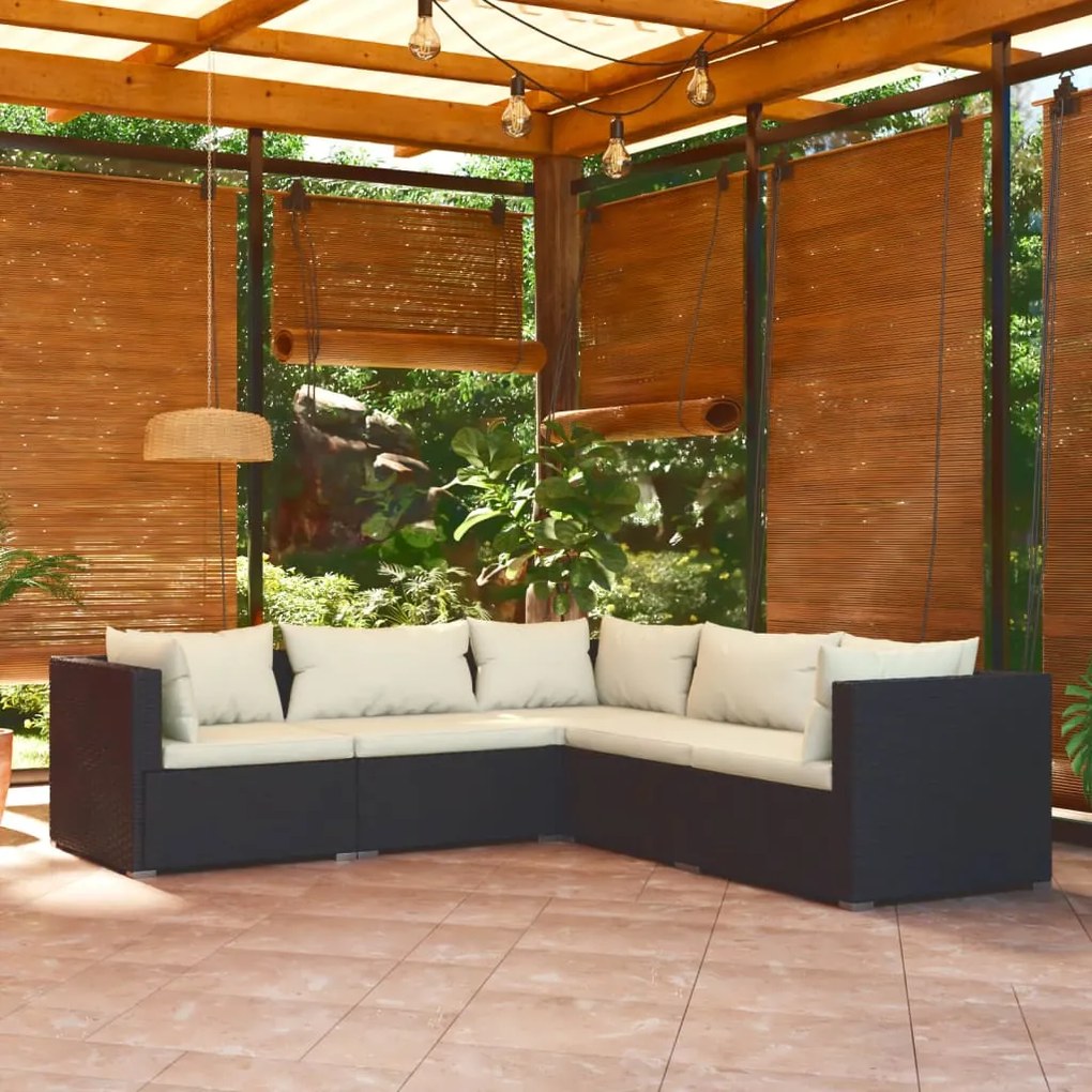 vidaXL 5 pcs conjunto lounge de jardim c/ almofadões vime PE preto