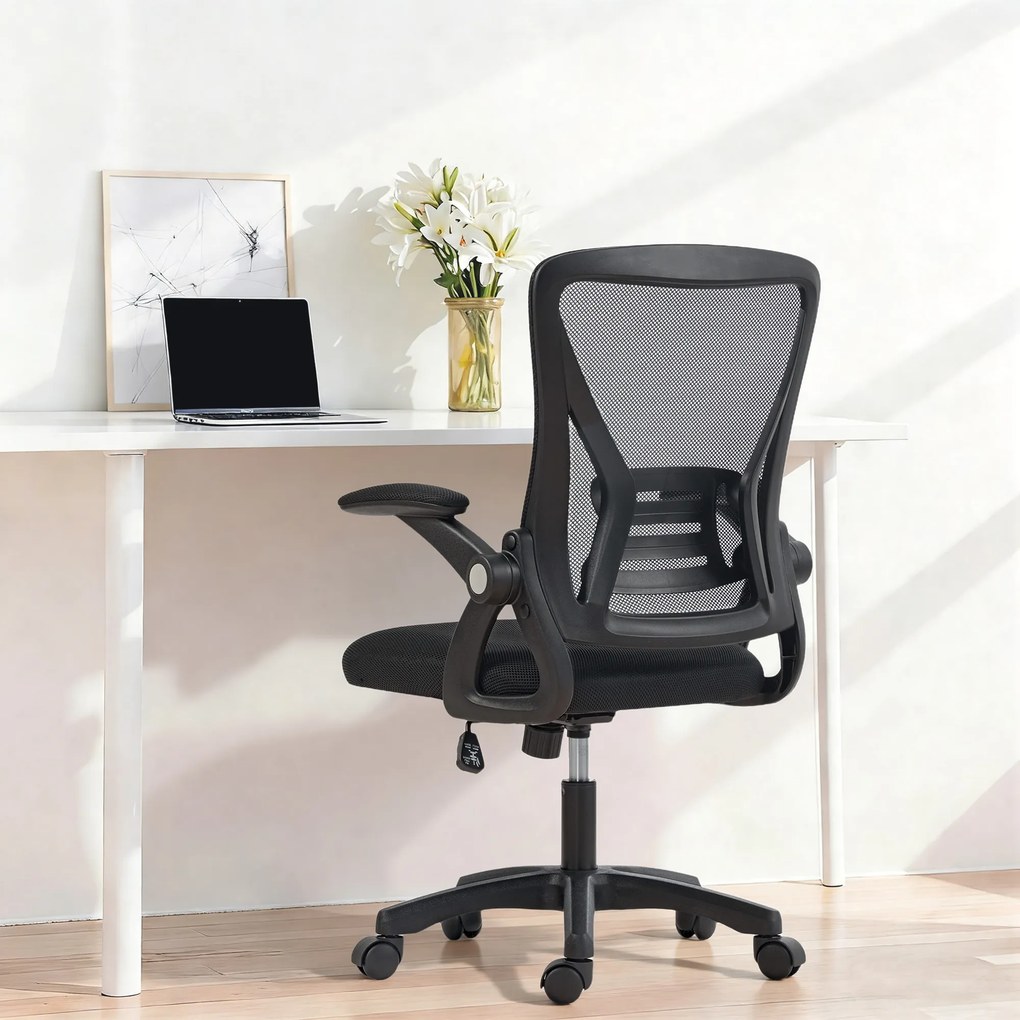 Cadeira de escritório ergonómica 59,5 x 56 x 103 cm, cadeira de escritório em malha, braços rebatíveis, altura ajustável, preta