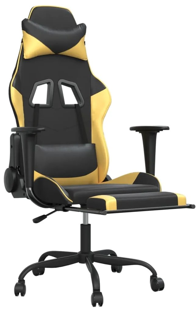 Cadeira gaming c/ apoio pés couro artificial preto e dourado