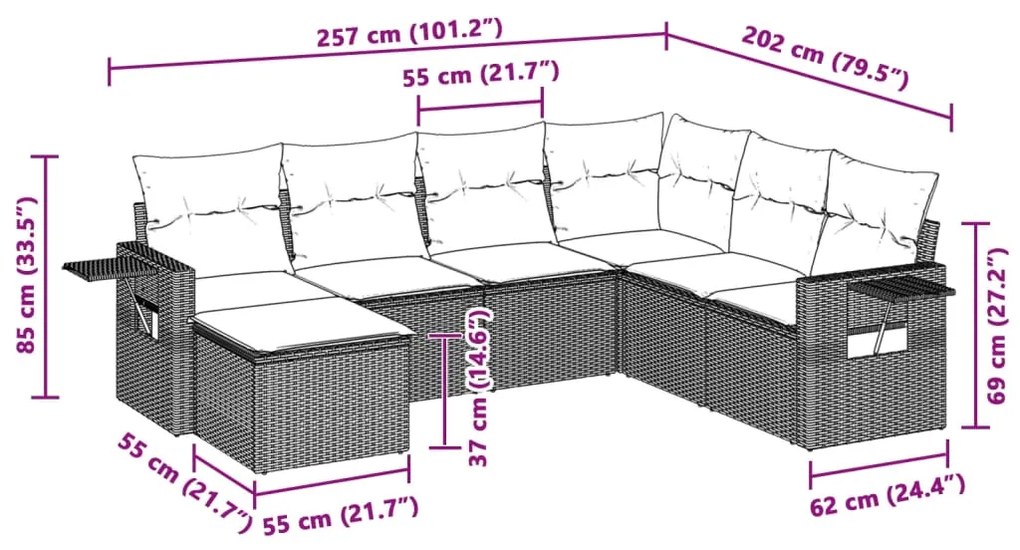 7 pcs conj. sofás jardim com almofadões vime PE cinzento-claro