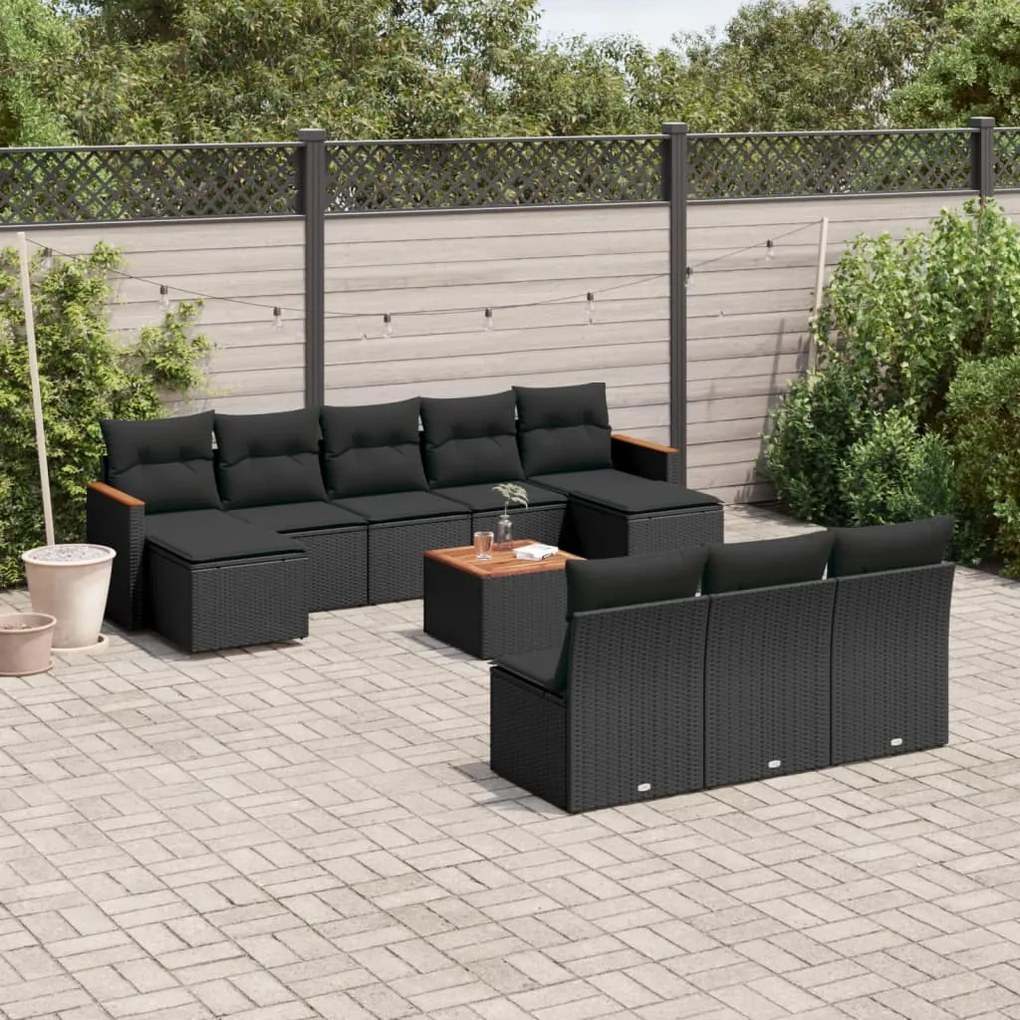 11 pcs conjunto sofás de jardim c/ almofadões vime PE preto