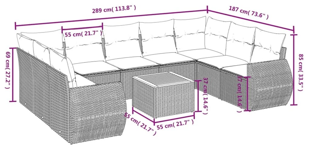 10 pcs conjunto de sofás p/ jardim com almofadões vime PE bege