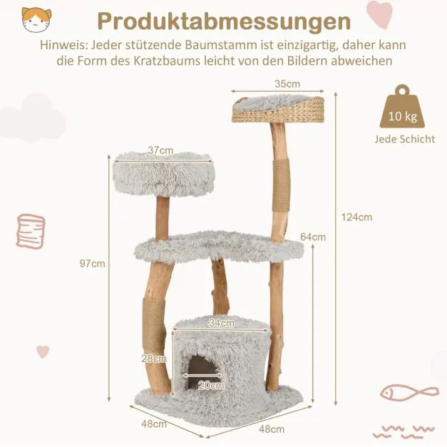 Arranhador Gatos de 124 cm de altura feito de madeira com caverna para gatos, superfície de assento em pelúcia cinzento