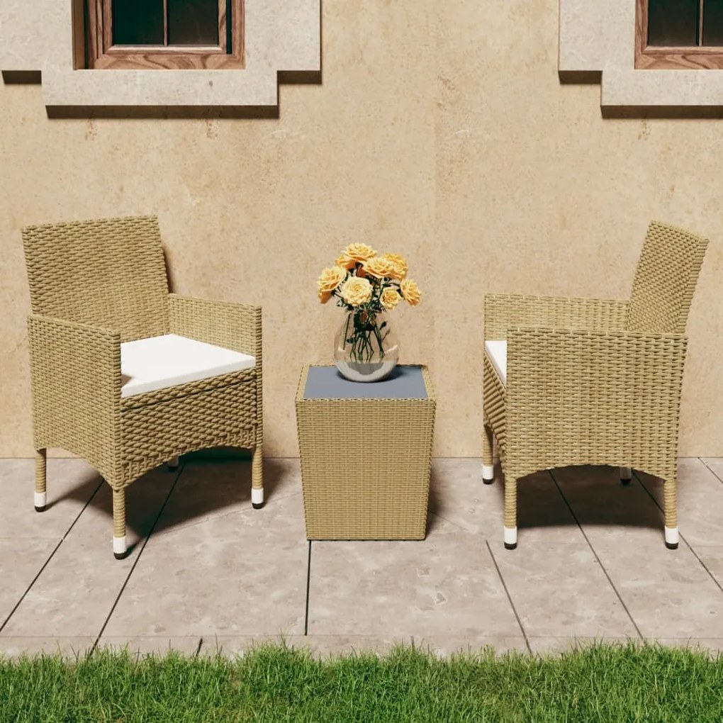 3058360 vidaXL 3 pcs conjunto bistrô vime PE e vidro temperado bege