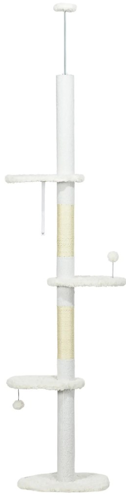 PawHut Arranhador para Gatos do Chão ao Teto com Altura Ajustável e 3 Plataformas em Forma de Nuvem 48x32x225-255 cm Branco