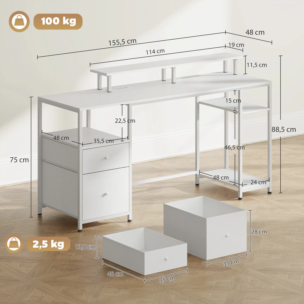 Secretária com Luzes LED Gavetas Tomadas Portas USB e Suporte para Monitor 155,5x48x88,5 cm Branco