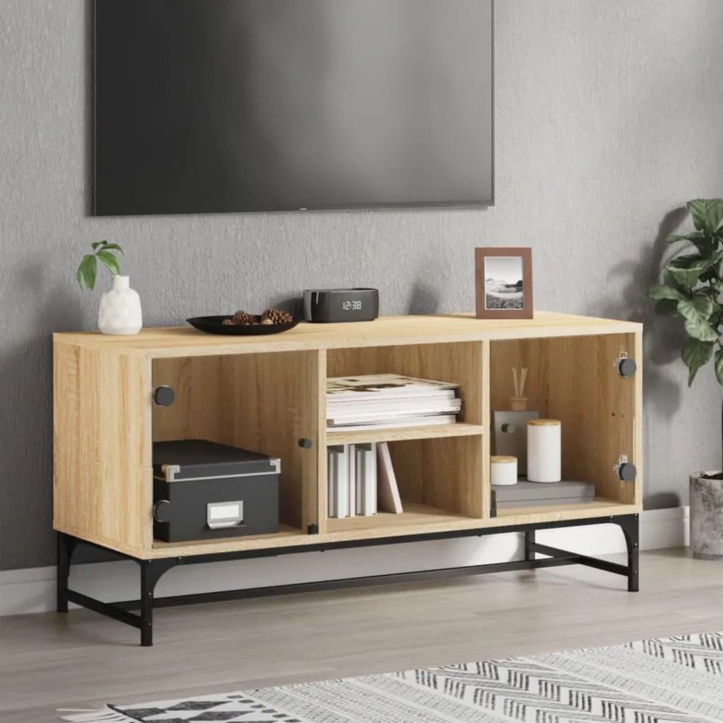 Móvel de TV c/ portas de vidro 102x37x50 cm carvalho sonoma