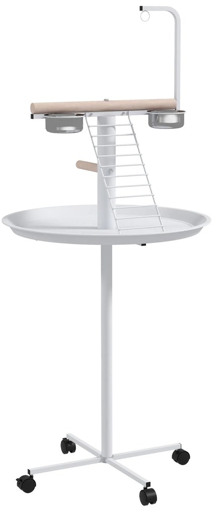 PawHut Comedouro para Pássaros em Pé Ø60x138 cm com 4 Rodas 2 Recipientes de Aço Inoxidável e 2 Poleiros Branco