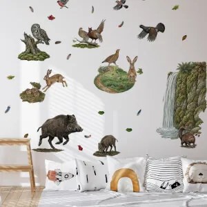 Autocolantes de parede - Cascata na floresta e animais selvagens
