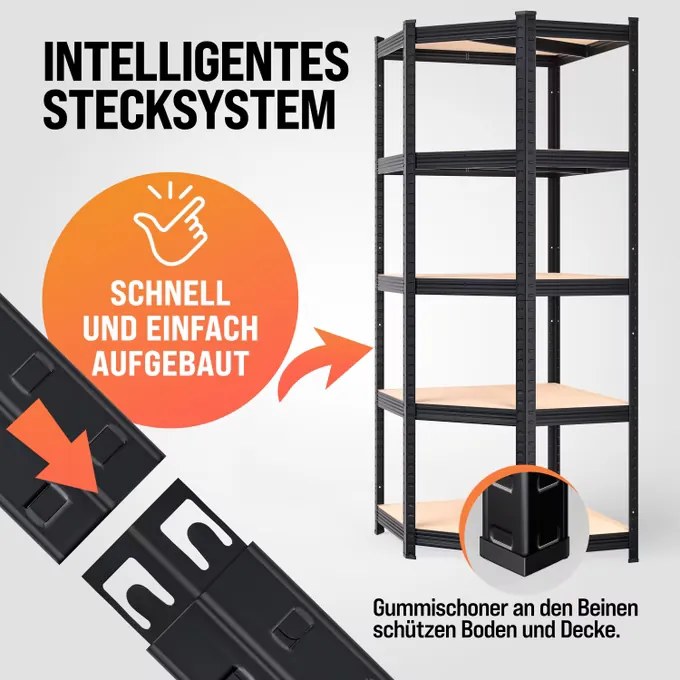 Estante em aço galvanizado para cargas pesadas até 875 kg, 180 x 70 x 40 cm Preto