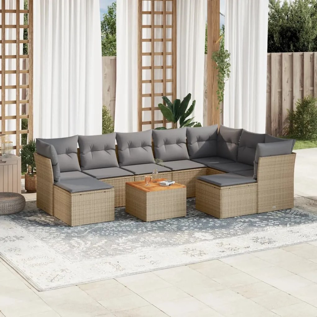 10 pcs conjunto de sofás p/ jardim com almofadões vime PE bege