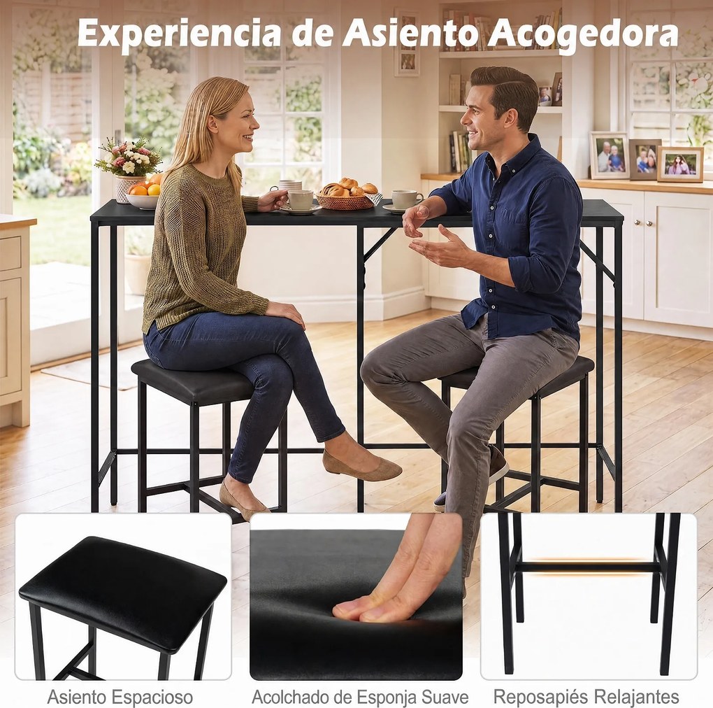 Conjunto de Mesa de Bar e 2 Cadeiras, 120 x 80 x 98 cm, Estação de Carregamento Integrada, Preto