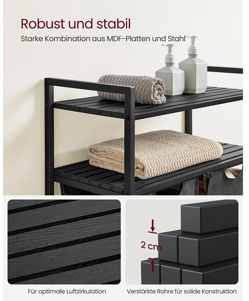 Cesto para roupa suja 2 x 46 L com 2 prateleiras preto-cinzento