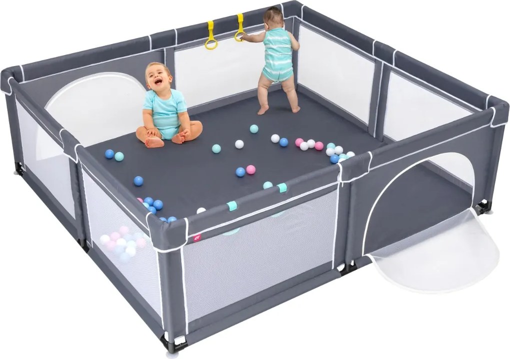Conjunto 2 em 1 Parque de atividades bebés portátil 206 x 185,5 x 68 cm e tapete reversível para crianças com material seguro cinza escuro + zoológico